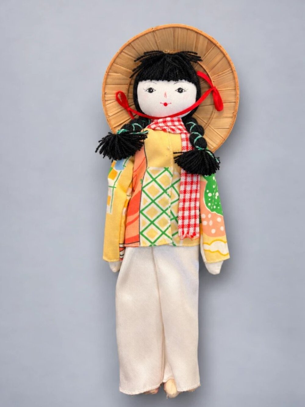 Vintage Vietnamese Cloth Doll Traditional Costume Conical Hat Folk Art Souvenir